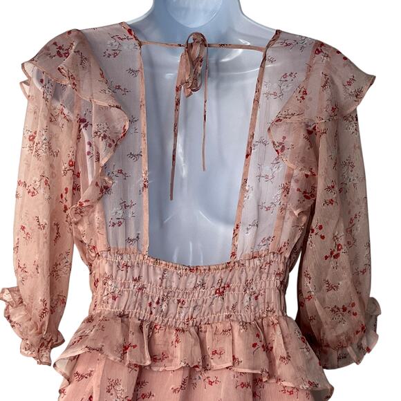 CY Fashion Blush Pink Floral Ruffle Boho Dress Chiffon Back Cutout Flowy Boho M - Picture 7 of 9